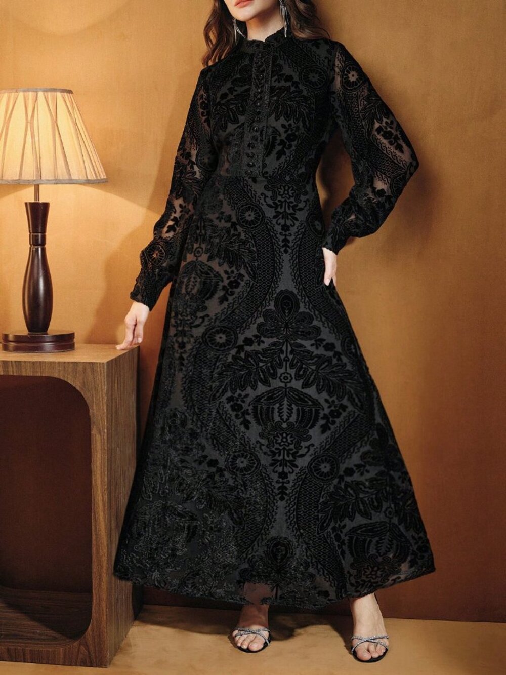 Black Elegant velvet Women's Stand Collar lomg sleeve a-line Long Dress